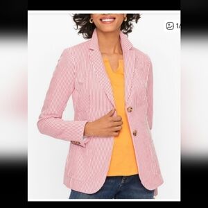 NWOT! Talbots Sunshine Seersucker Blazer coral/white strips 16 petite